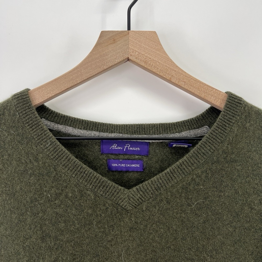 Alan Flusser Cashmere Sweater Men XL Green V Neck Preppy Hipster Old Money - Picture 2 of 11